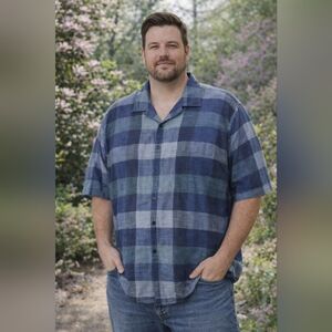 Trust Men's Blue Print Linen Blend Button Down Shirt Size 3X